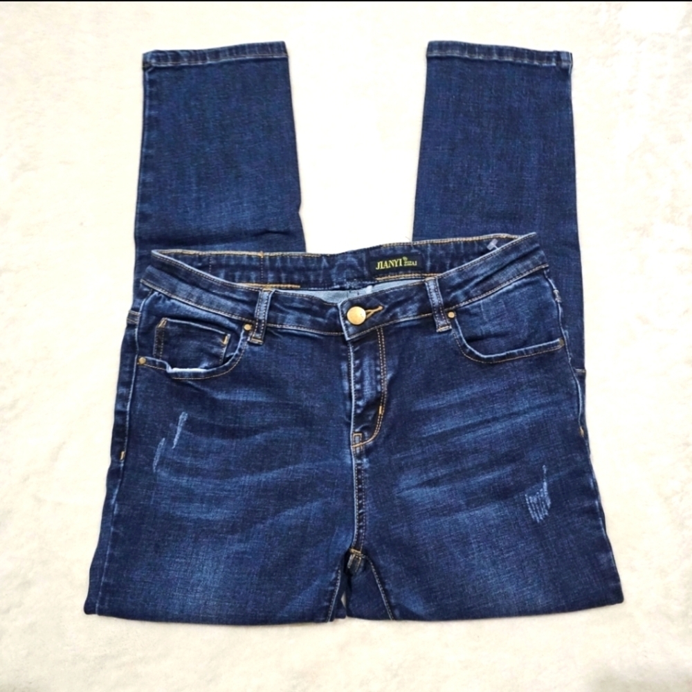 JIANYI ✦ Mid‑Rise Distressed Jeans ✦ Blue Wash Straight Cut Stretch Denim Sz 30
